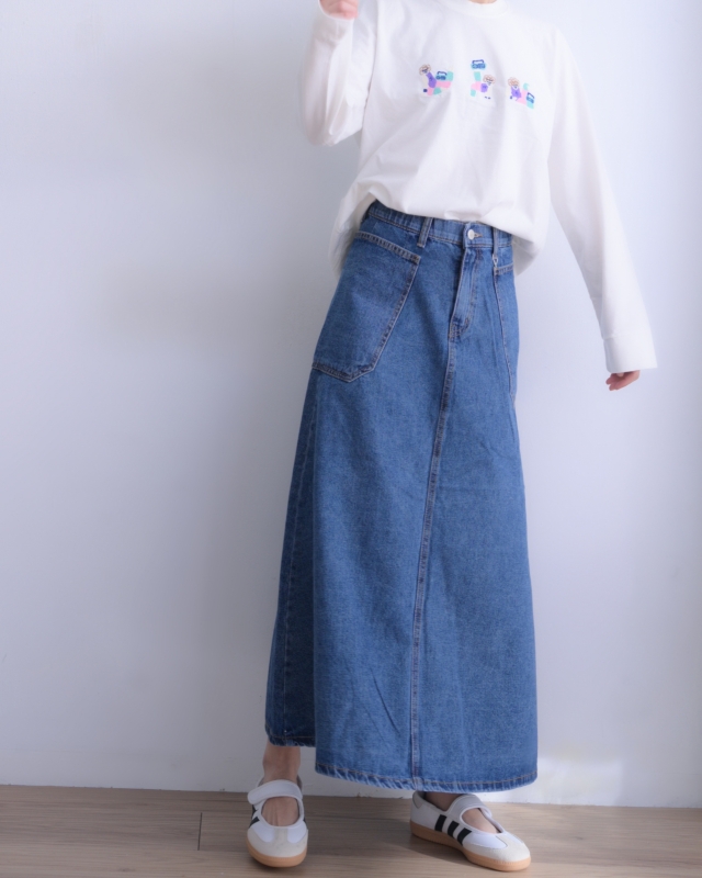 韓 很大口袋牛仔長裙 2色 size