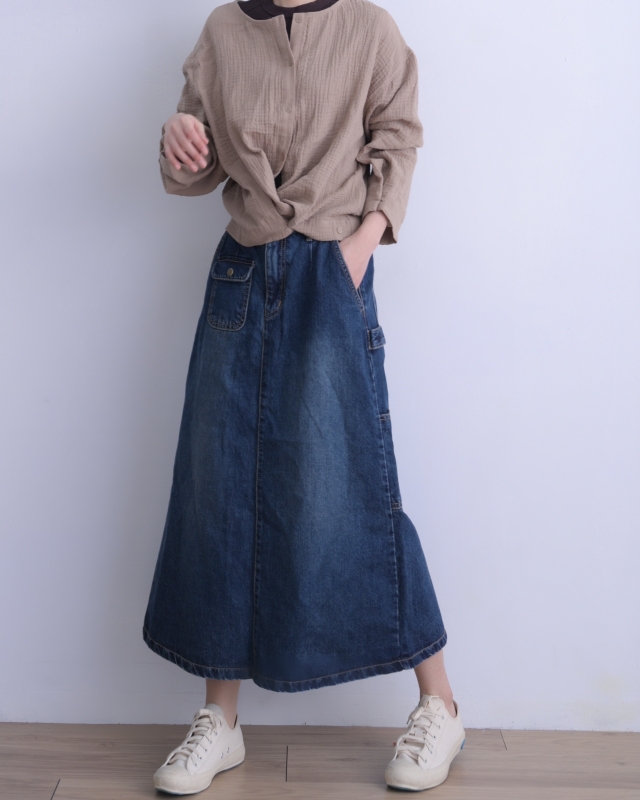 韓 小口袋後衩牛仔裙