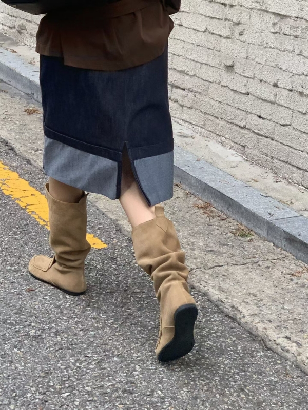 韓 抓皺寬筒長靴 2色