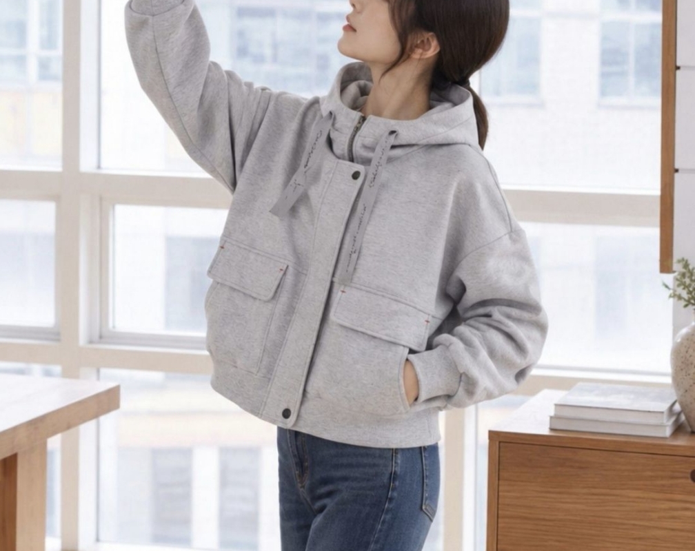 韓 素色短版連帽外套 2色