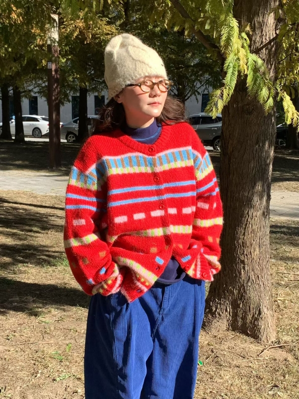 韓 彩色橫紋排釦外套 2色